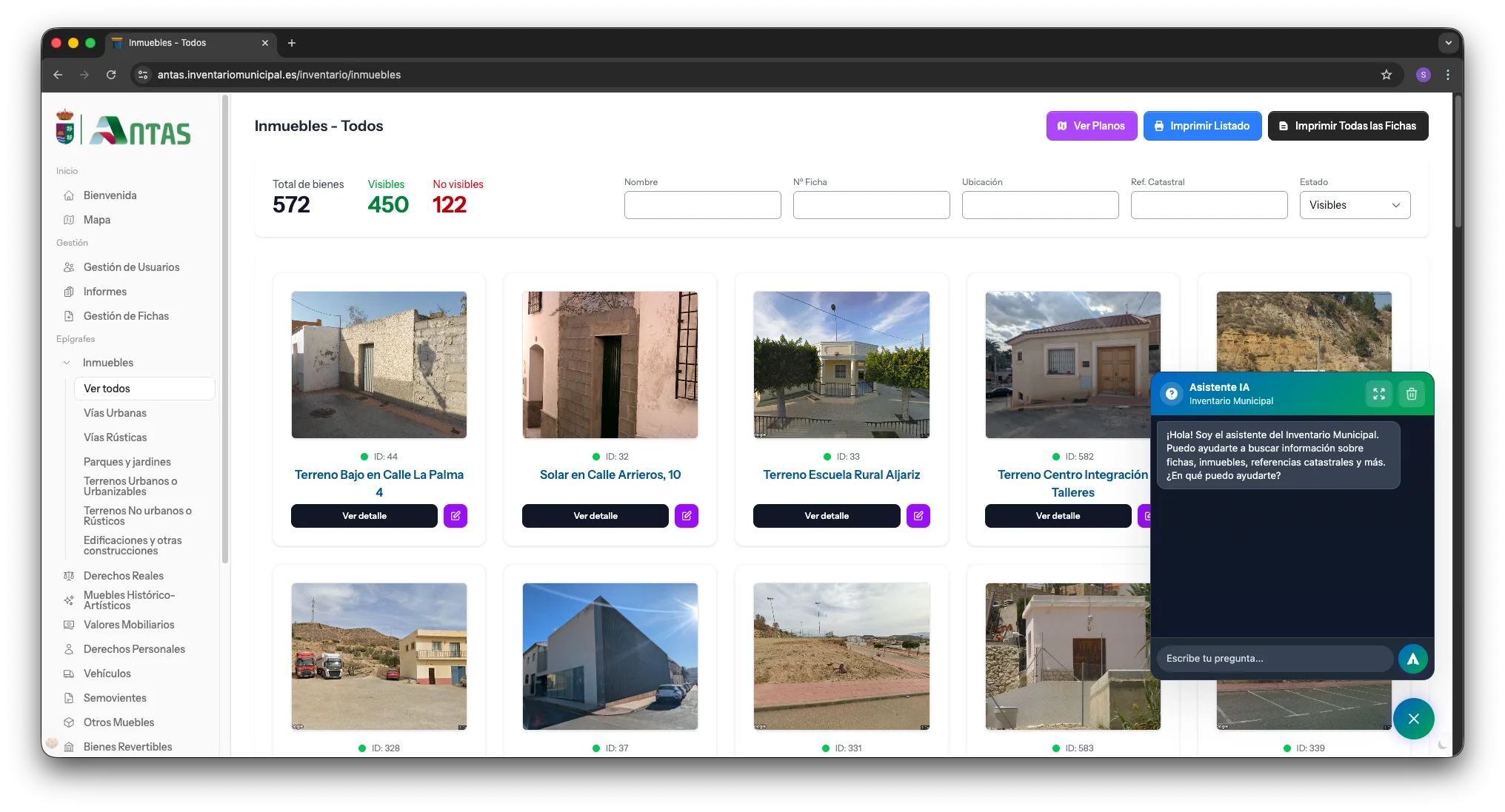 Captura de pantalla de la aplicación de inventario municipal mostrando la gestión de inmuebles